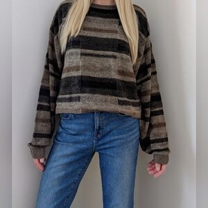 Vintage Chenille Abstract Geometric Patterned Crewneck Sweater In Gray/Brown